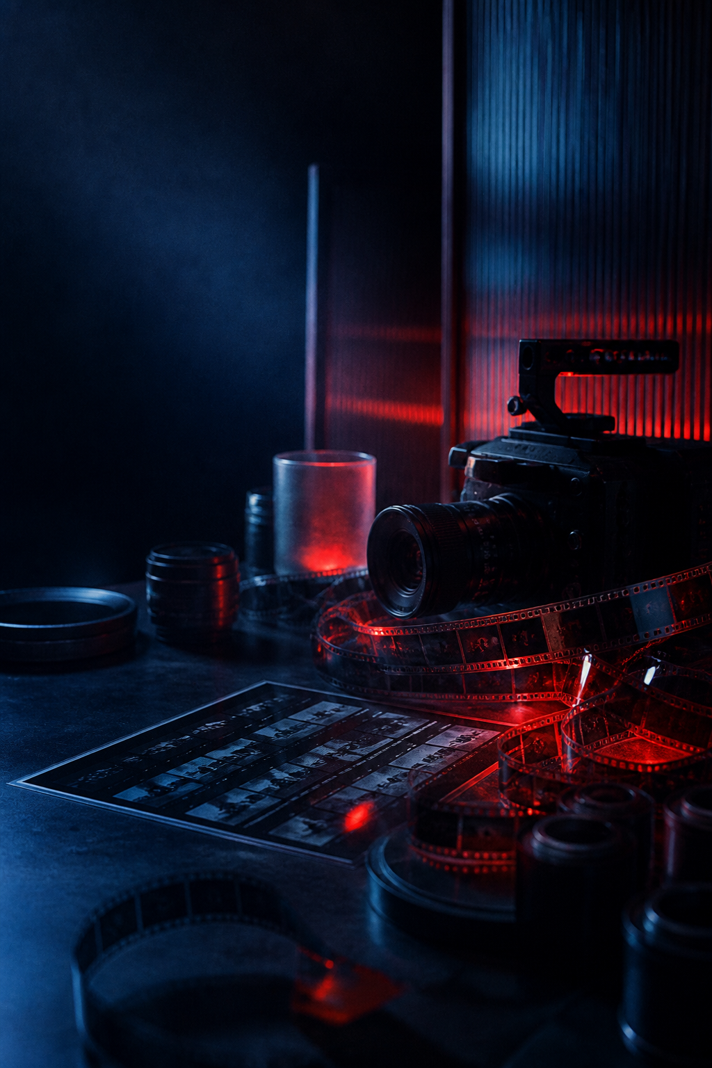 An illustrative concept visual of a cinema camera, film and studio light; not a client work.